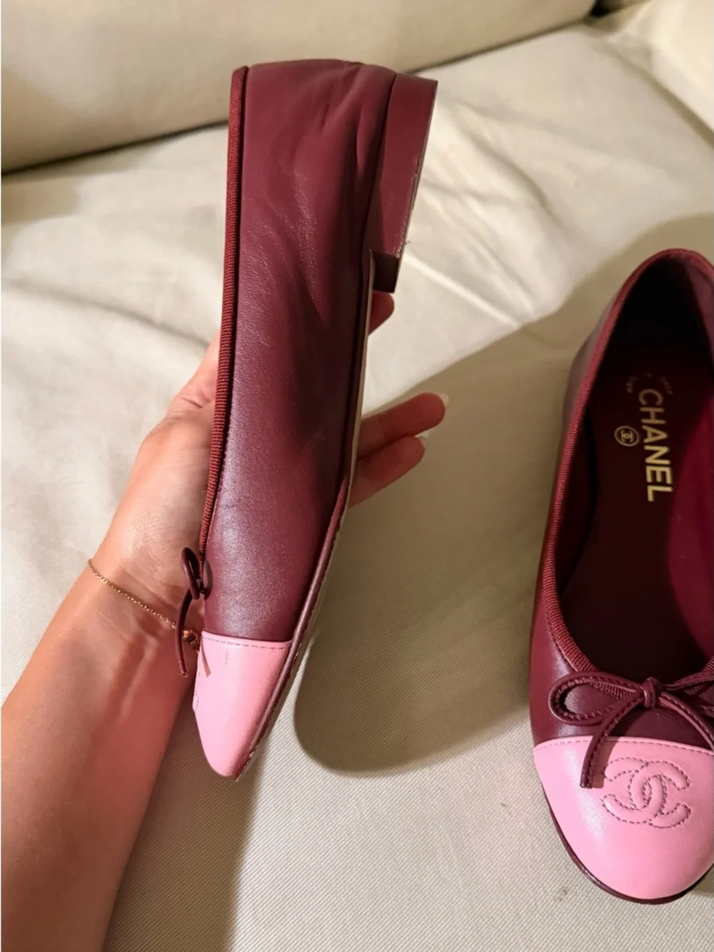 Chanel Two-Tone Pink & Burgundy Cap-Toe Ballet Flats - Picture 6 of 10